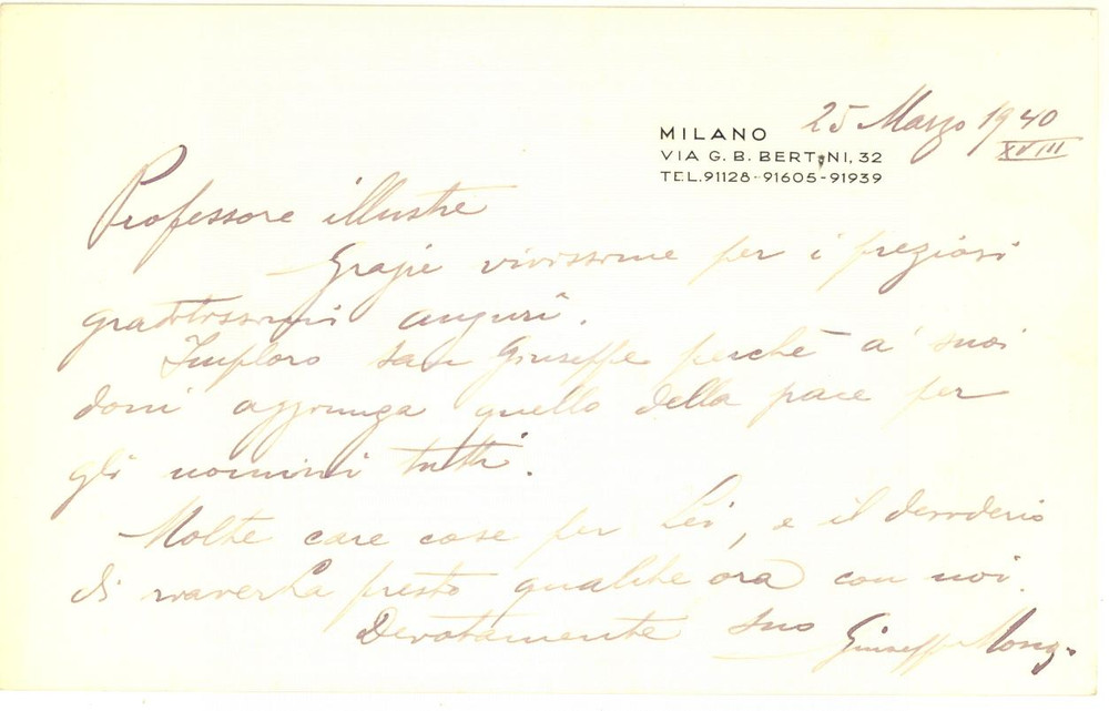 1940 MILANO Biglietto Gr. Uff. Giuseppe MOSCA a Carlo Saggio - AUTOGRAFO Biglietto con messaggio autografo.CONDIZIONI: GFORMATO: 16x10 cm    originale e autentica 1