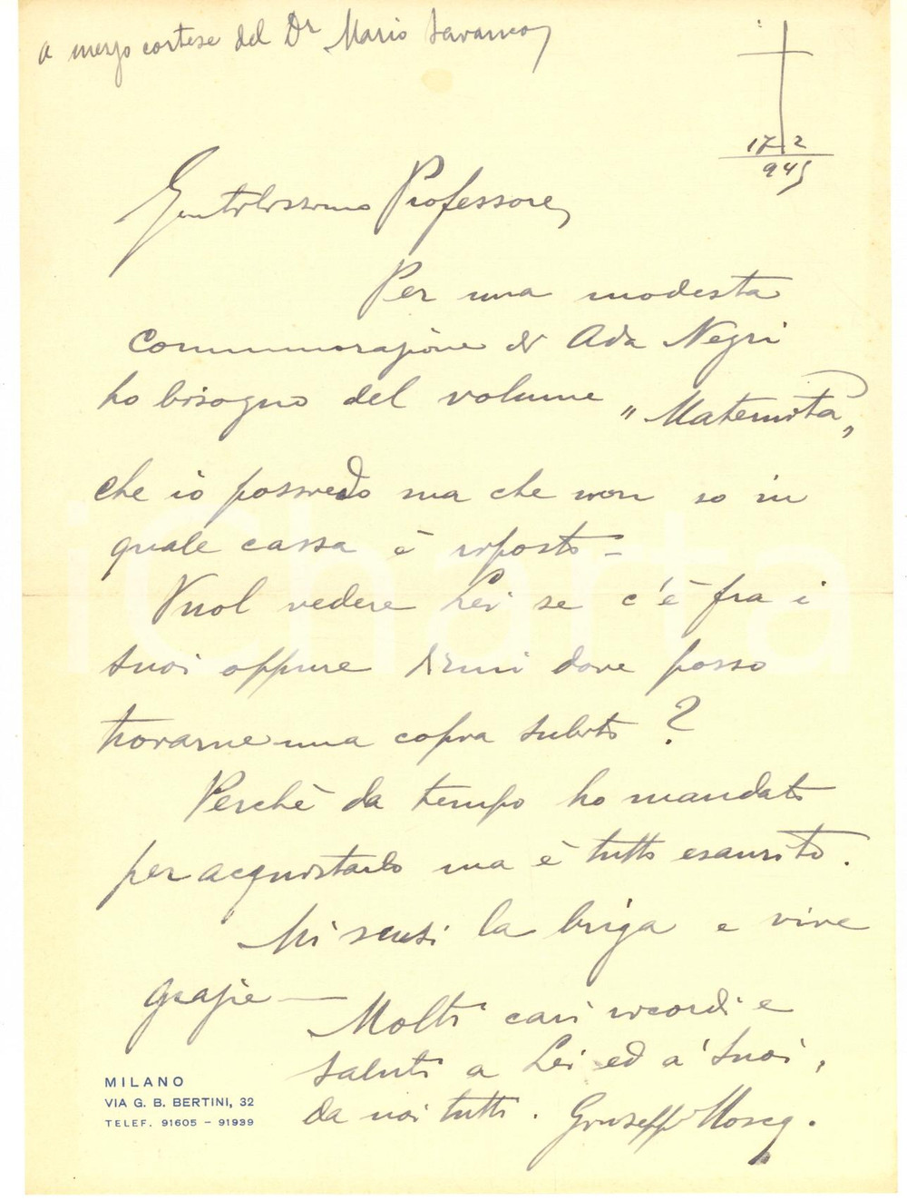 1945 MILANO Lettera di Giuseppe MOSCA per commemorazione Ada Negri AUTOGRAFO