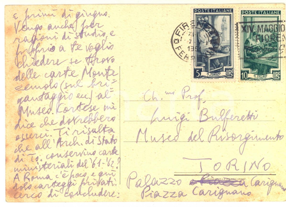 1951 FIRENZE Ettore PASSERIN D'ENTREVES cerca carte sul brigantaggio *AUTOGRAFO