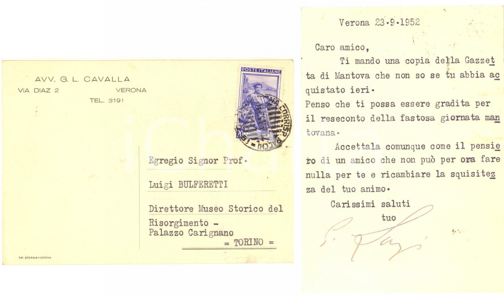 1952 VERONA Cartolina avv. Gregorio Luigi CAVALLA per invio rivista - AUTOGRAFO