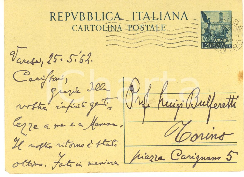 1952 VARESE Domenico BULFERETTI augura successo al figlio Luigi - AUTOGRAFO