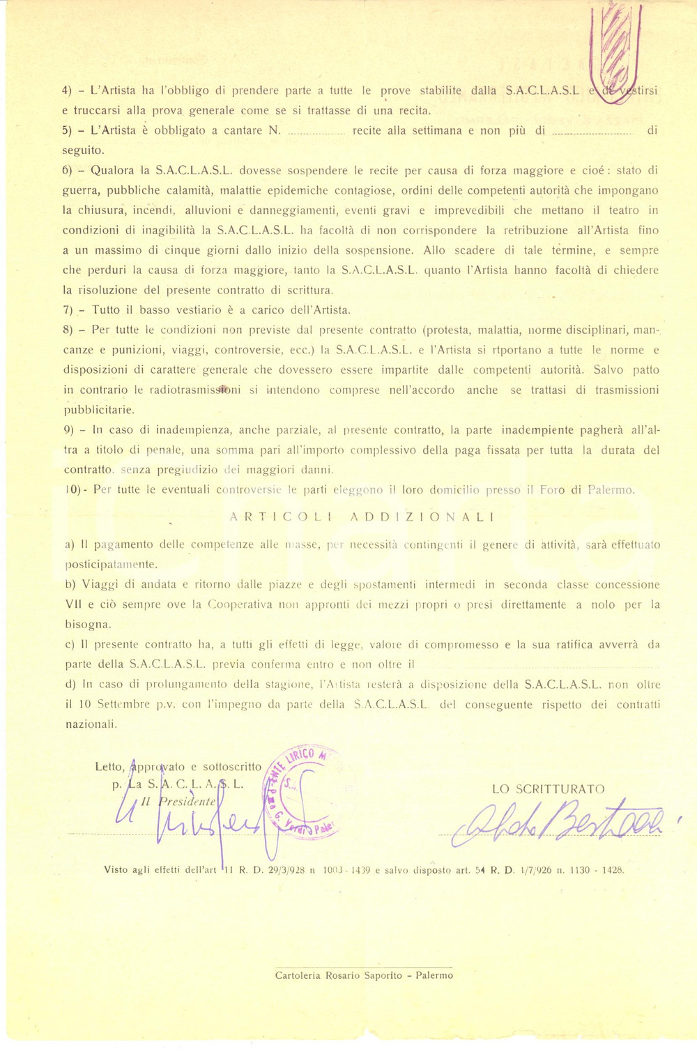 1963 PALERMO Contratto tenore Aldo BERTOCCI per "Aida" e "Turandot" AUTOGRAFO