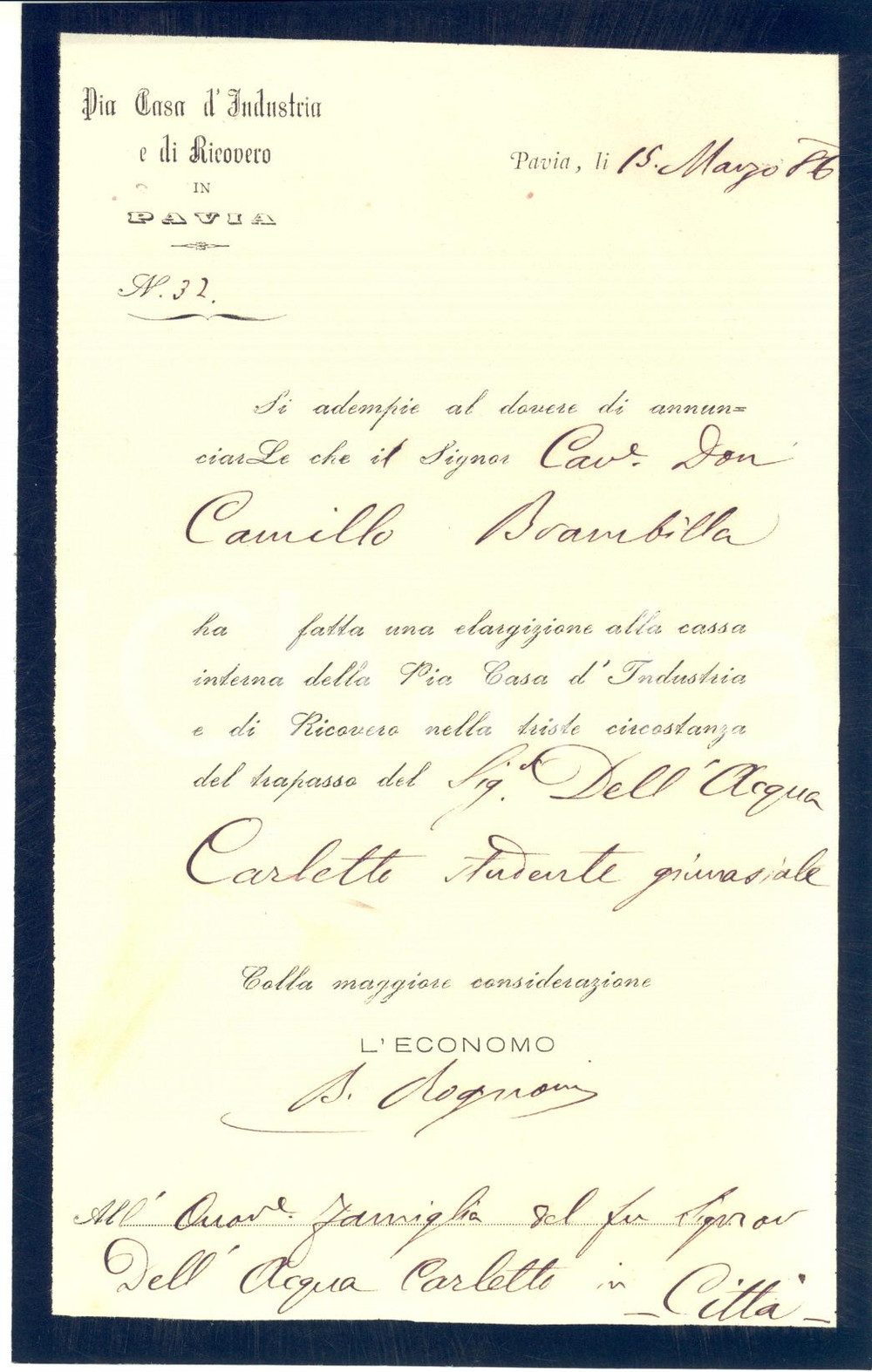 1886 PAVIA Pia Casa d'Industria e di Ricovero - Donazione don Camillo BRAMBILLA  Lettera a stampa, con inserti manoscritti.Carta intestata. CONDIZIONI: G (ma lieve piegatura d'epoca)PAGINE: 4 (1 scritta)     originale e autentica 1