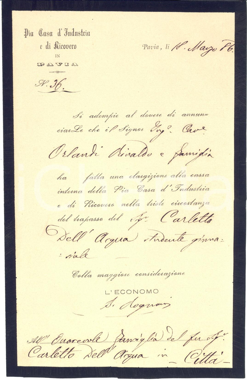 1886 PAVIA Pia Casa d'Industria e di Ricovero - Donazione cav. Rinaldo Orlandi