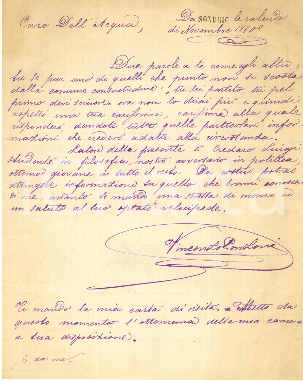 1880 SONDRIO Lettera Vincenzo PONZONI all'amico DELL'ACQUA lontano  Lettera manoscritta. CONDIZIONI: FAIR (piegature d'epoca)PAGINE: 4 (1 scritta)     originale e autentica 1