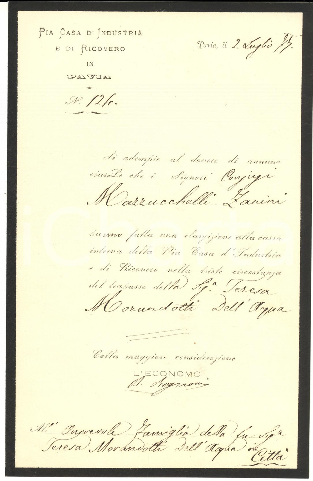 1877 PAVIA Pia Casa d'Industria e di Ricovero - Donazione MAZZUCCHELLI - ZANINI