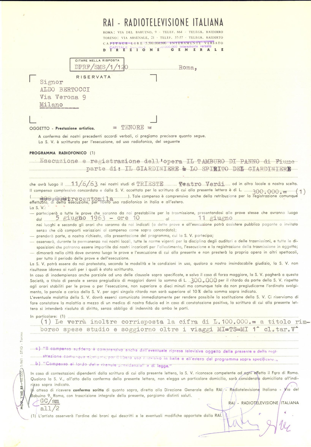 1962 RAI ROMA Contratto tenore Aldo BERTOCCI per registrazione opera lirica