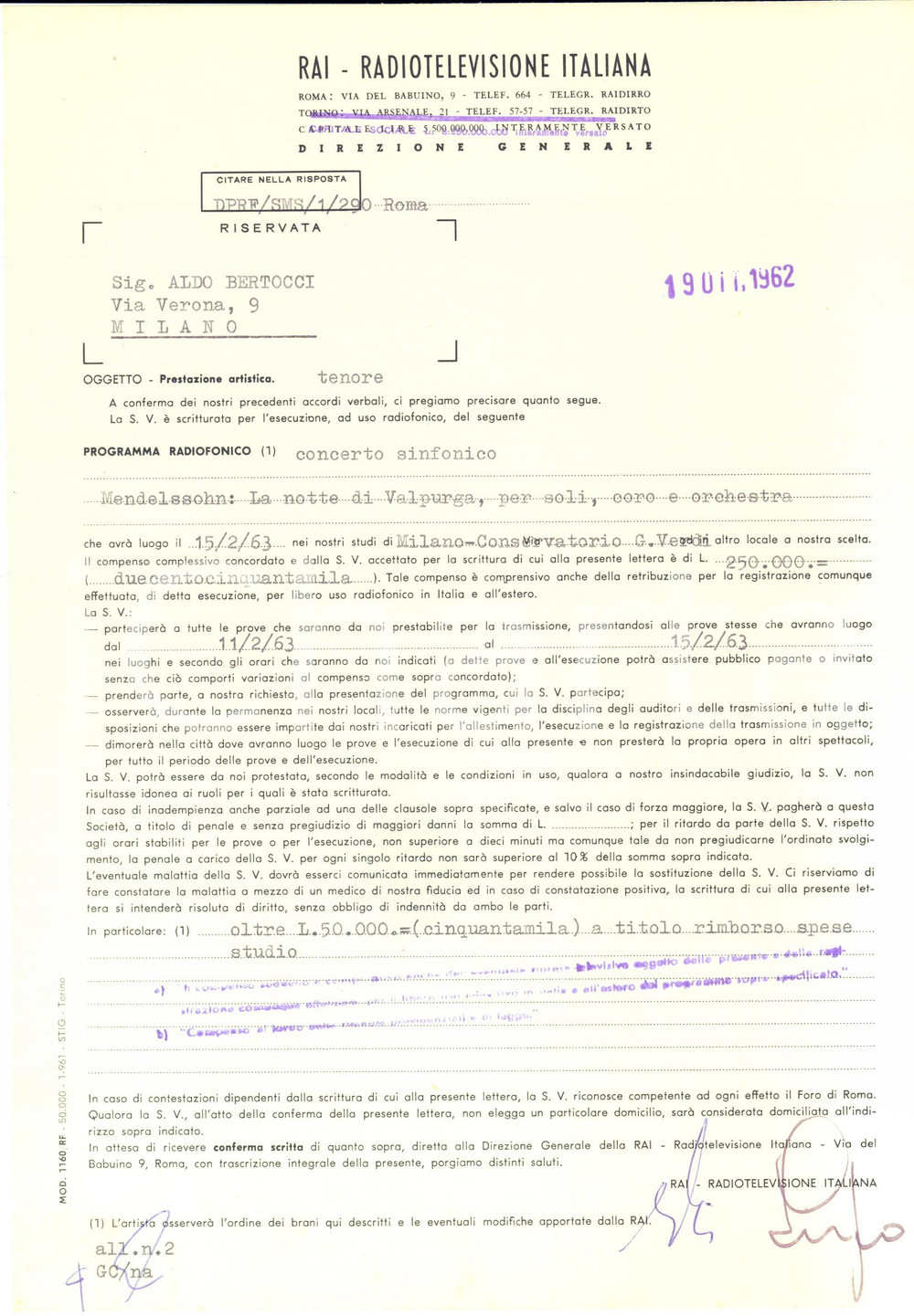 1962 RAI ROMA Contratto tenore Aldo BERTOCCI per concerto sinfonico a Milano