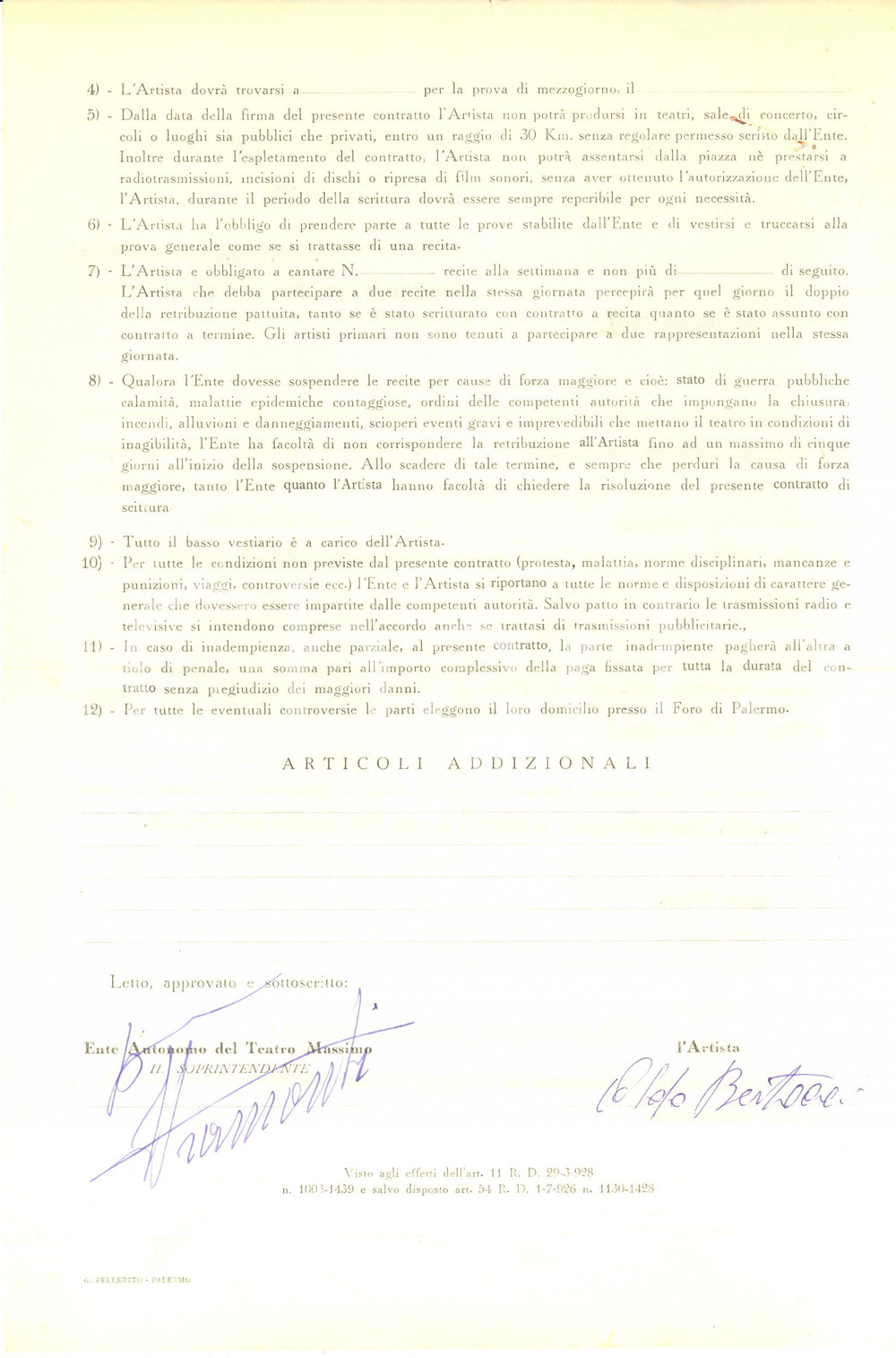 1962 PALERMO Contratto tenore Aldo BERTOCCI per stagione lirica 1963 *AUTOGRAFO