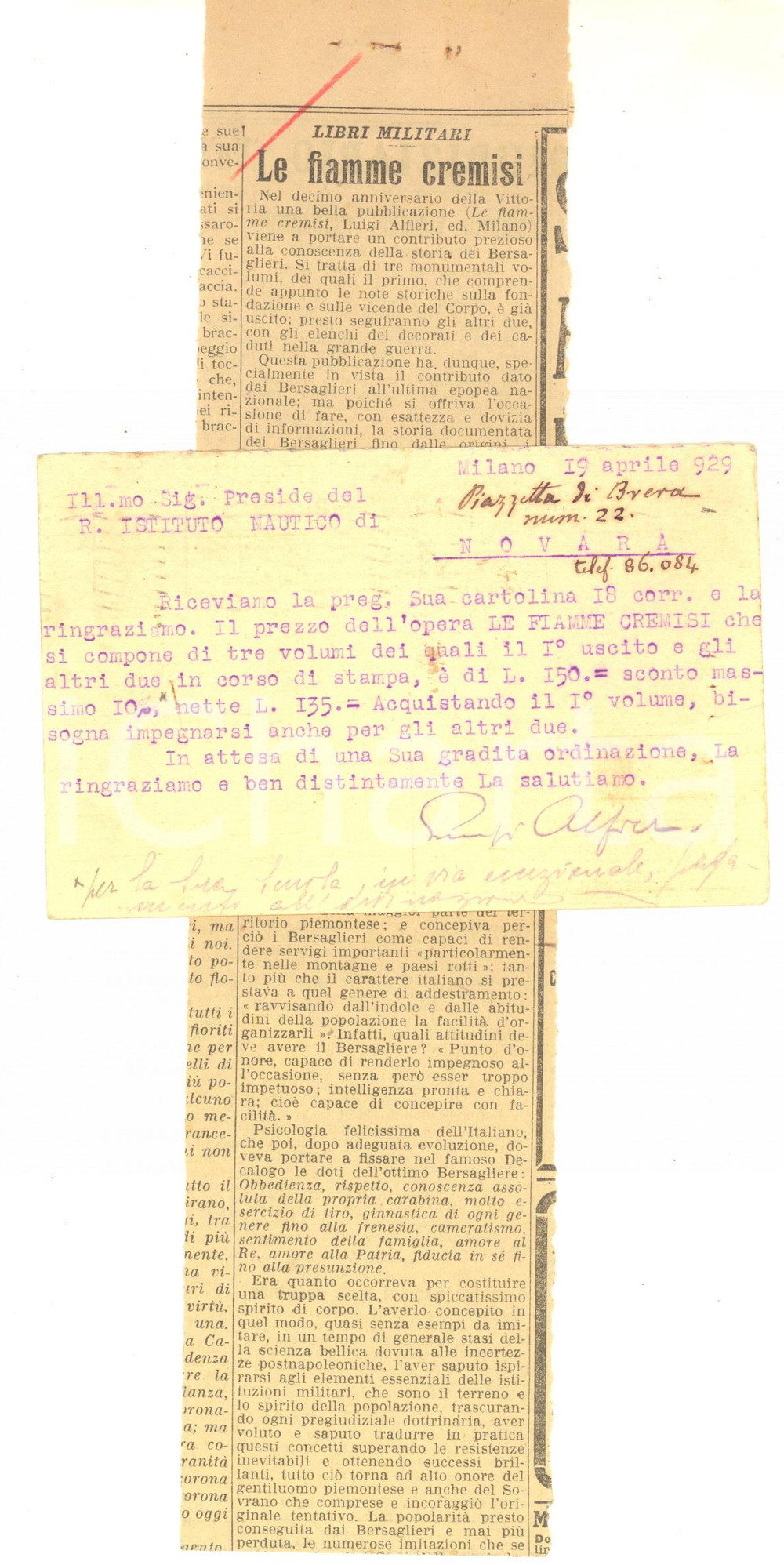 1929 MILANO Editore Luigi ALFIERI promuove "Le fiamme cremisi" - AUTOGRAFO