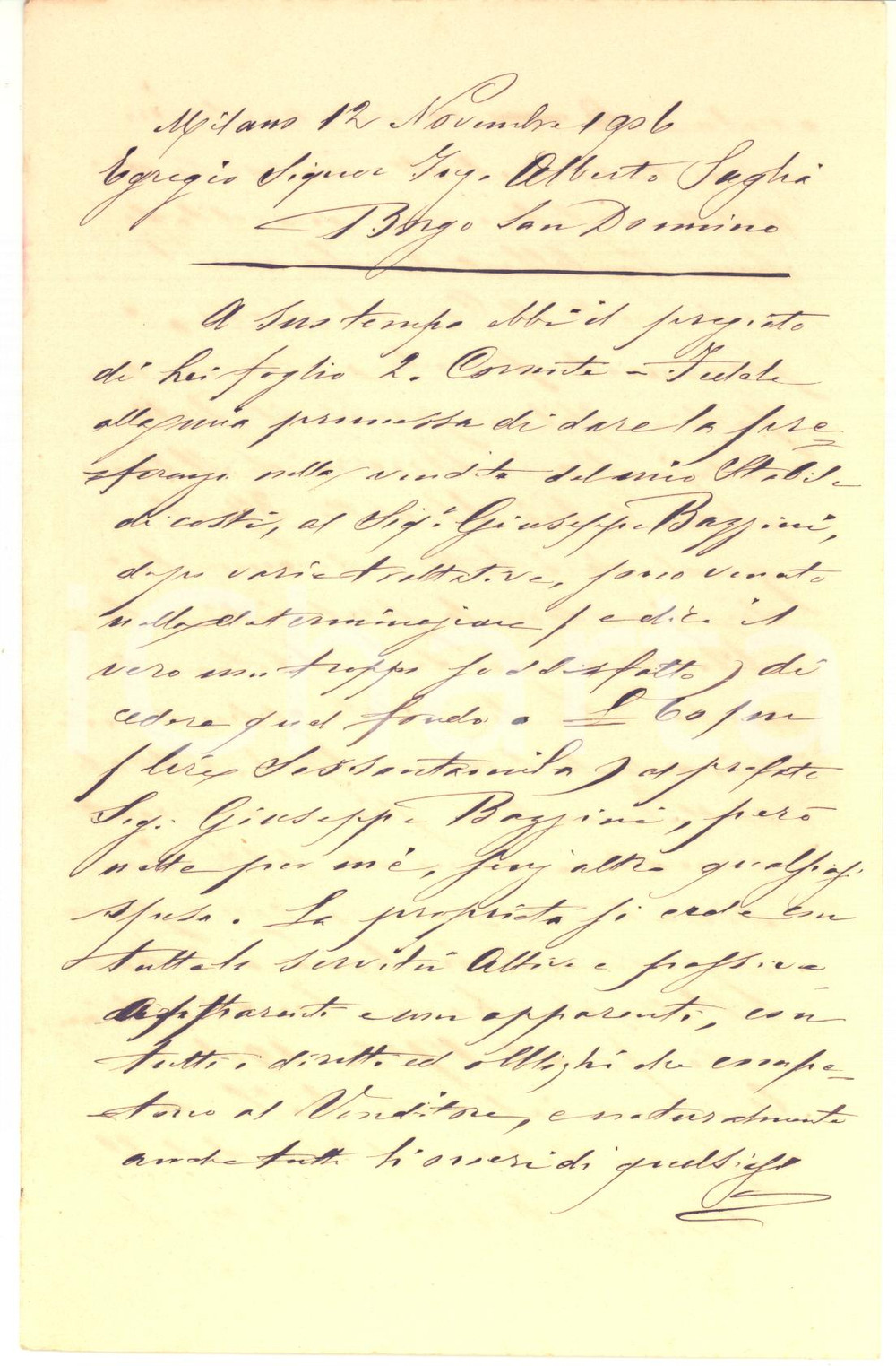 1906 MILANO Lettera rag. B. RICORDI per vendita stabile a Giuseppe Bazzini
