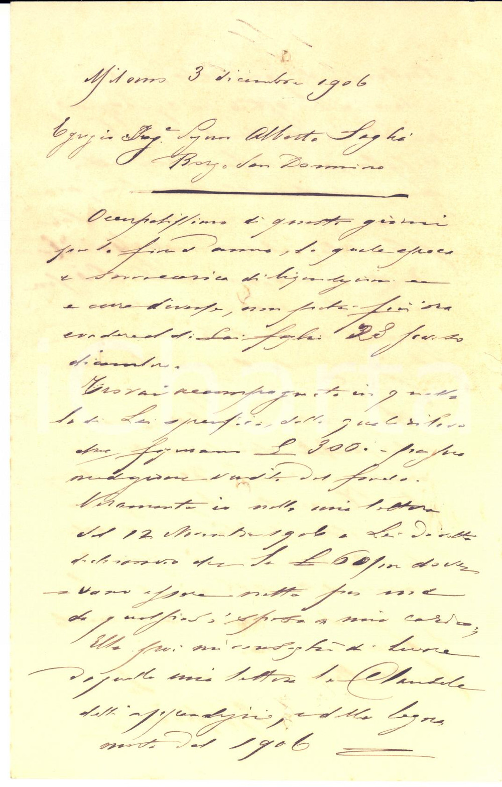 1906 MILANO Lettera rag. B. RICORDI su vendita stabile a Giuseppe Bazzini Lettera manoscritta, destinata all'ing. Alberto Sughi a Borgo San Donnino, relativa alla cessione di uno stabile in loco. CONDIZIONI: POOR (piegature d'epoca e piccolo strappo al lato destro; fori che attraversano il documento)PAGINE: 4 (2 bianche)    originale e autentica 1