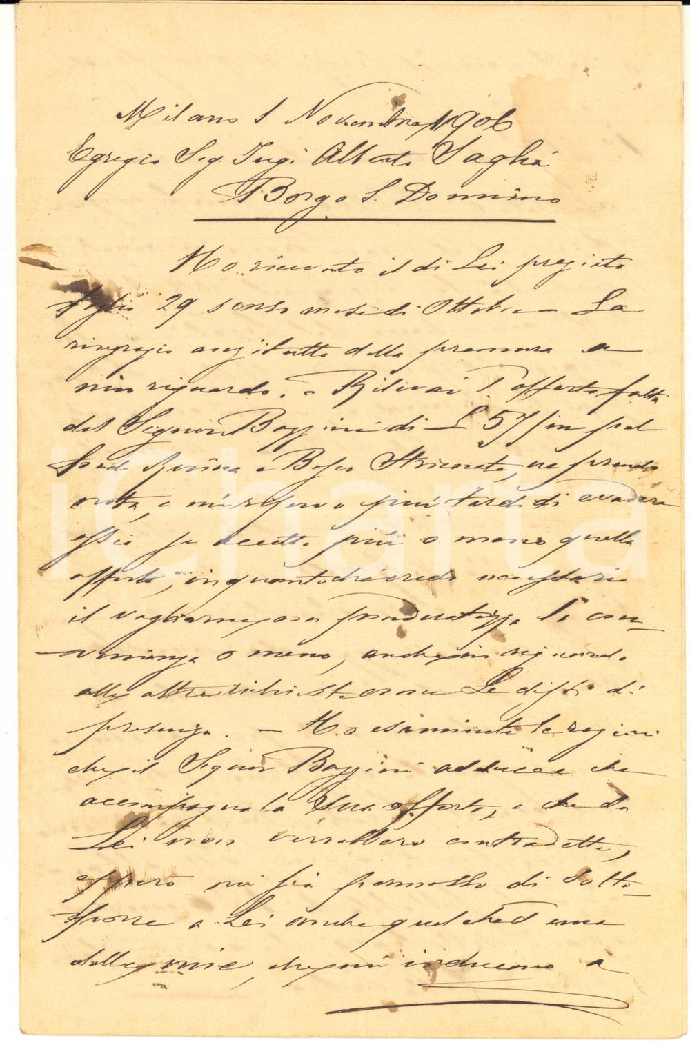 1906 MILANO Lettera rag. B. RICORDI per cessione di stabile a Giuseppe Bazzini