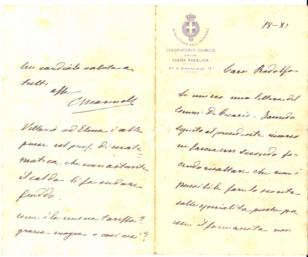 1920 ca ROMA Lettera Camillo MANUELLI - Laboratorio Chimico Sanità - AUTOGRAFO