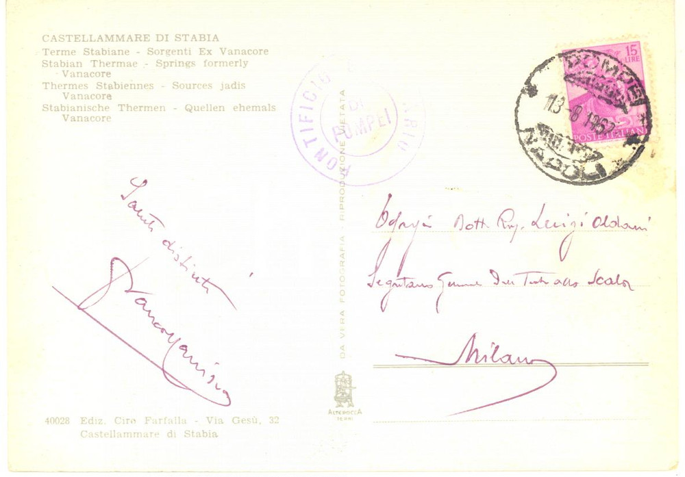 1962 CASTELLAMMARE DI STABIA Maestro Franco MANISCO a Luigi Oldani - AUTOGRAFO