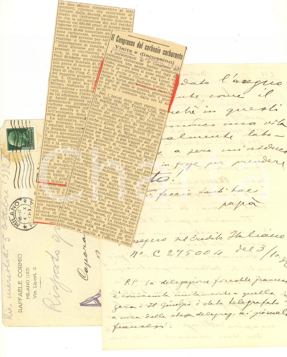 1932 MILANO Lettera agronomo Raffaele CORMIO al figlio sulla siloteca *AUTOGRAFO