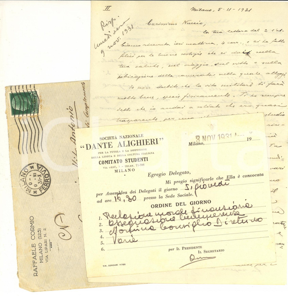 1931 MILANO Lettera Raffaele CORMIO al figlio Vito Antonio soldato - AUTOGRAFO