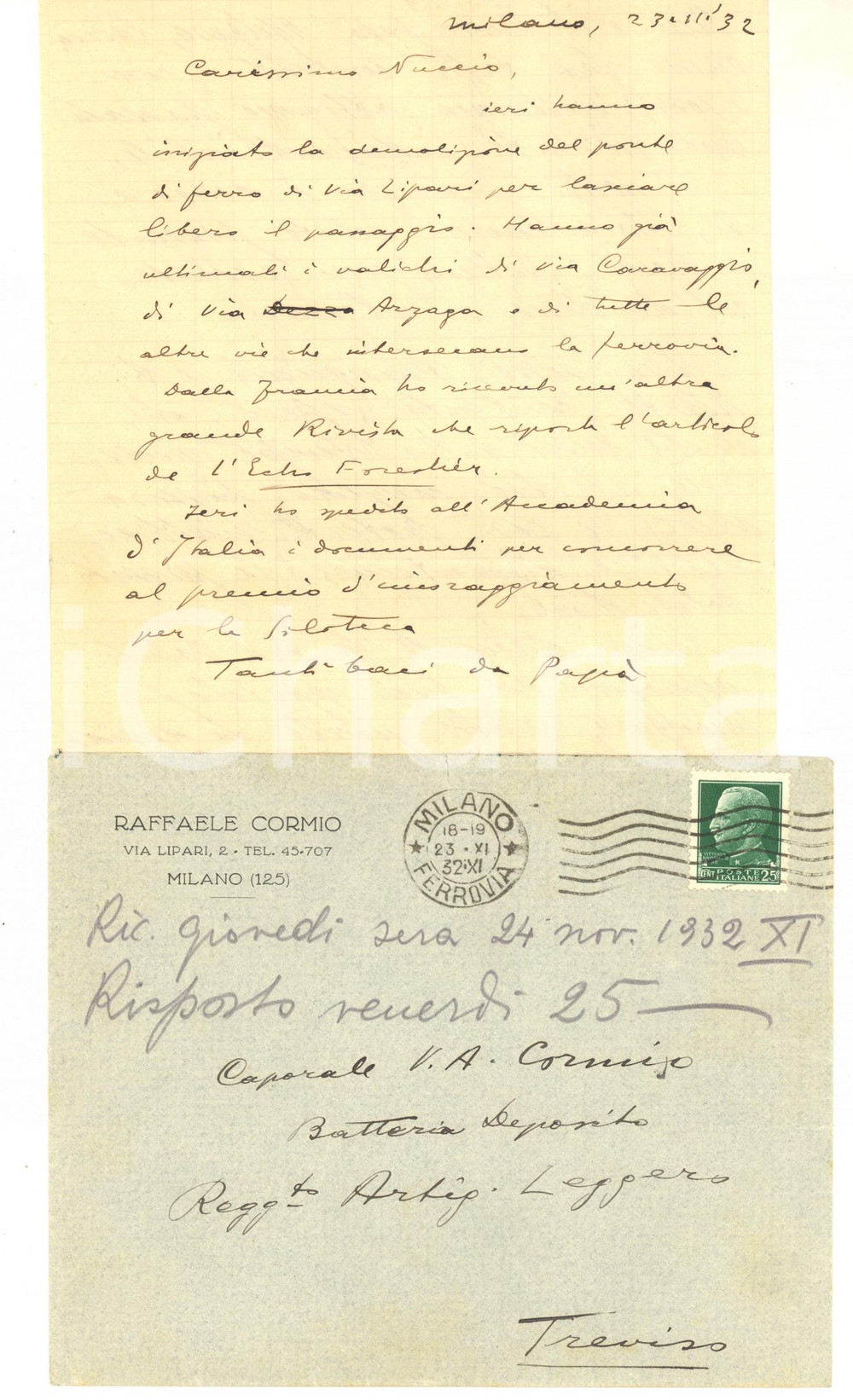 1932 MILANO Raffaele CORMIO concorre al premio dell'Accademia d'Italia AUTOGRAFO