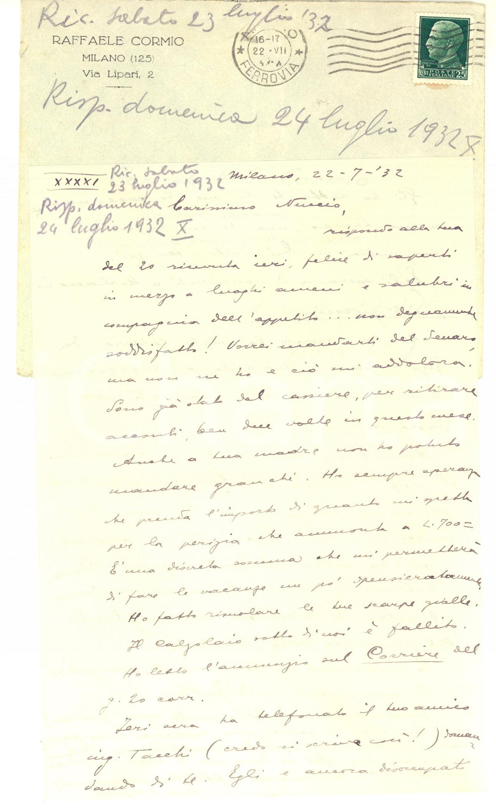 1932 MILANO Lettera agronomo Raffaele CORMIO in difficoltà economiche *AUTOGRAFO