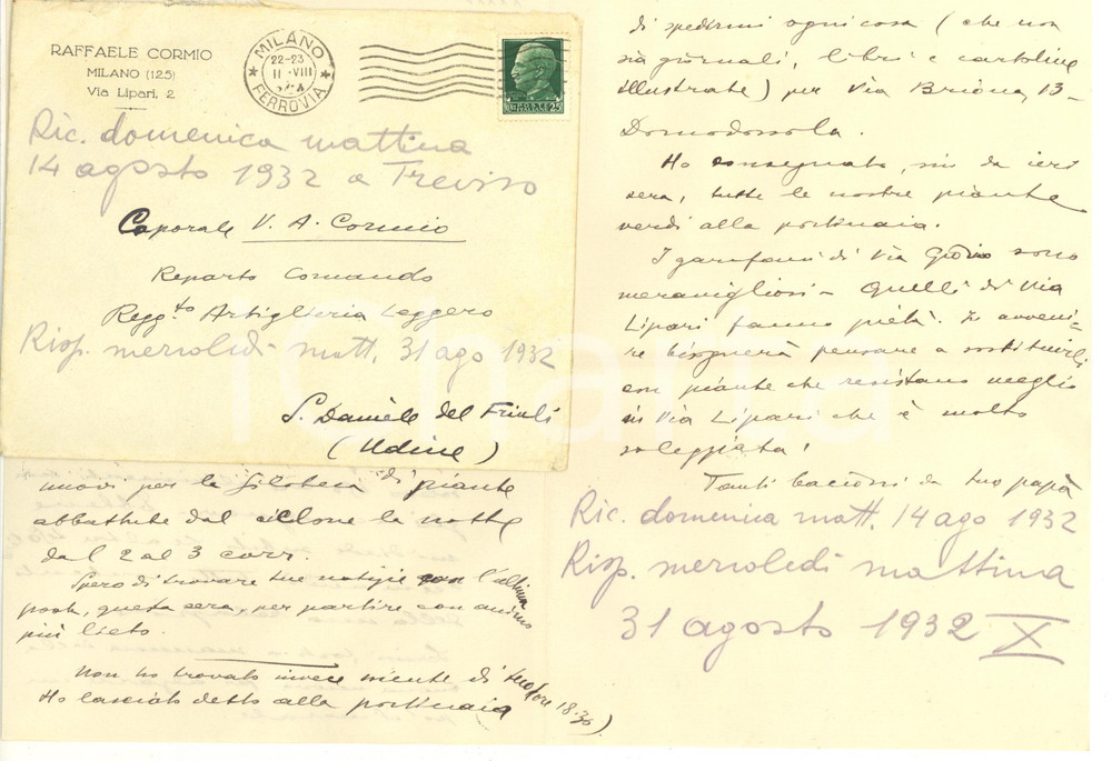 1932 MILANO Agronomo Raffaele CORMIO sui nuovi campioni della siloteca AUTOGRAFO Lettera interamente autografa al figlio Vito Antonio.Busta viaggiata.CONDIZIONI: FAIR (piegature d'epoca)PAGINE: 4 (1 bianca)    originale e autentica 1