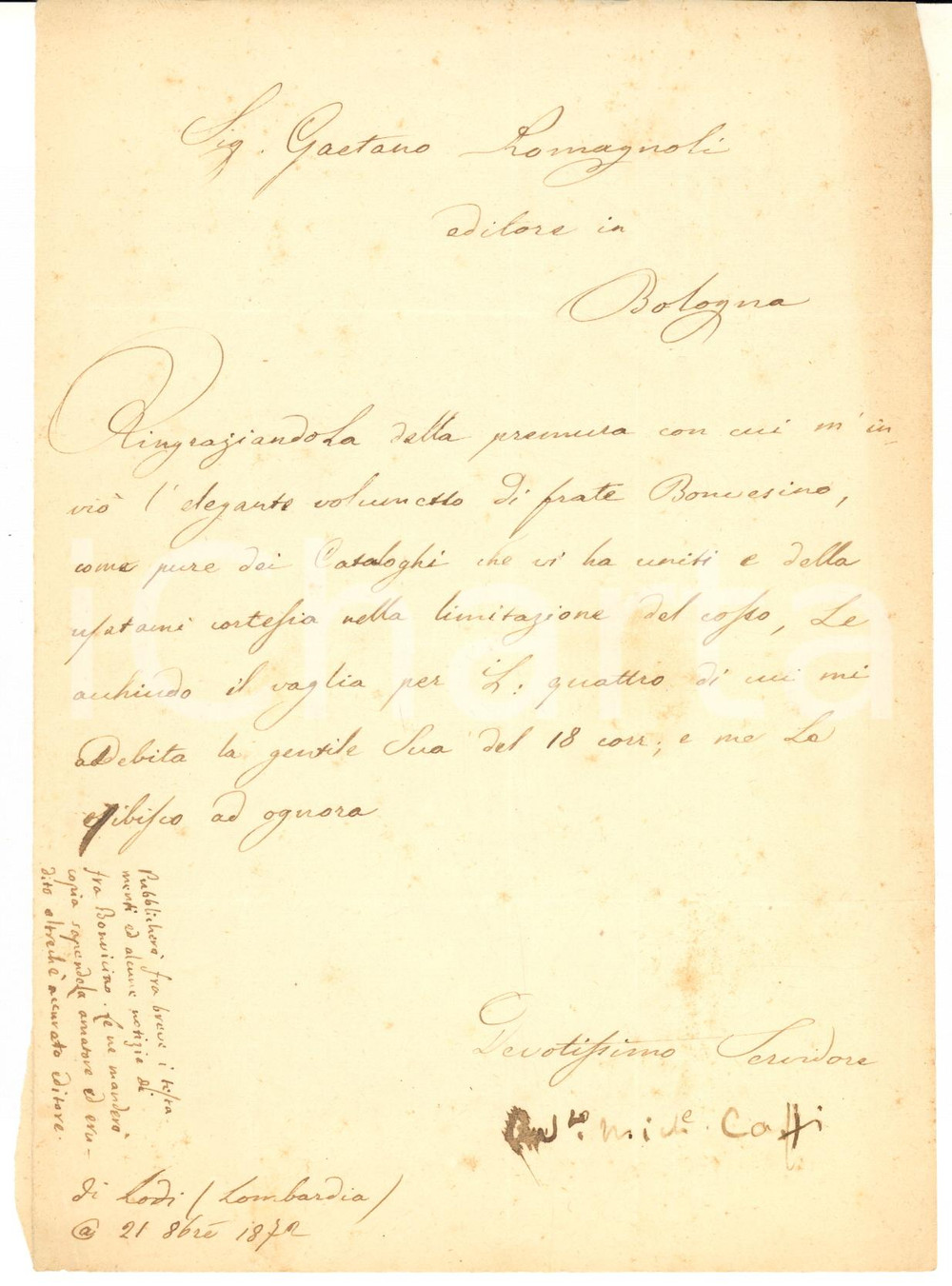 1872 LODI Lettera avv. Michele CAFFI all'editore ROMAGNOLI - AUTOGRAFO
