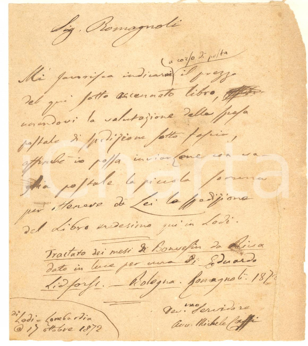 1872 LODI Lettera avv. Michele CAFFI all'editore ROMAGNOLI per libro - AUTOGRAFO