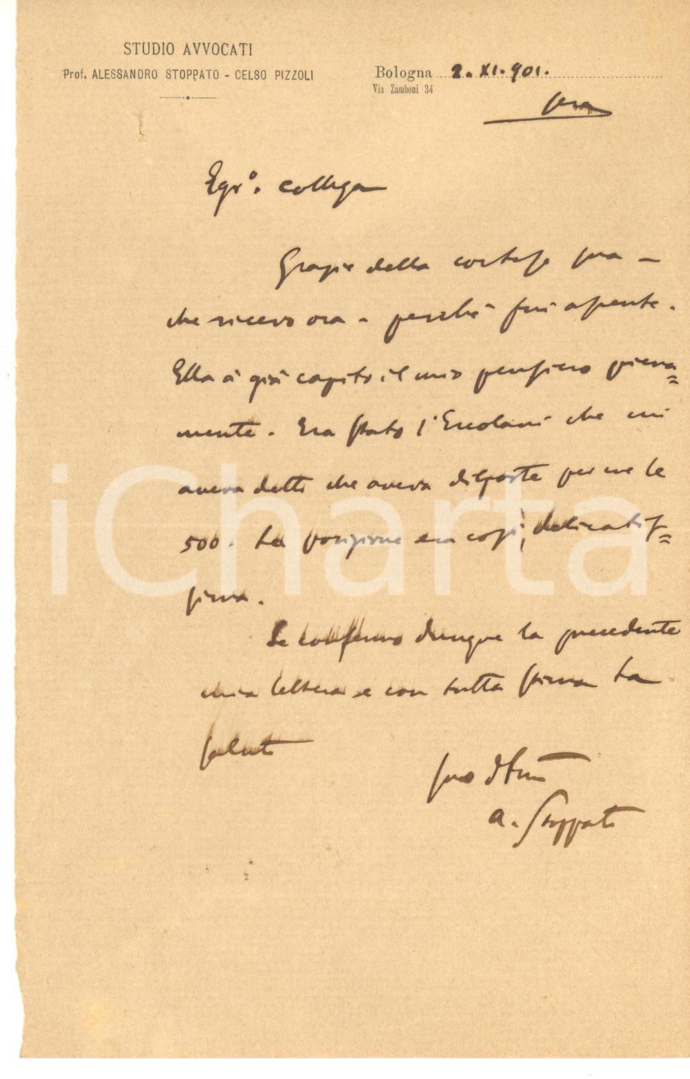 1901 BOLOGNA Lettera Alessandro STOPPATO a un collega per saldo - AUTOGRAFO