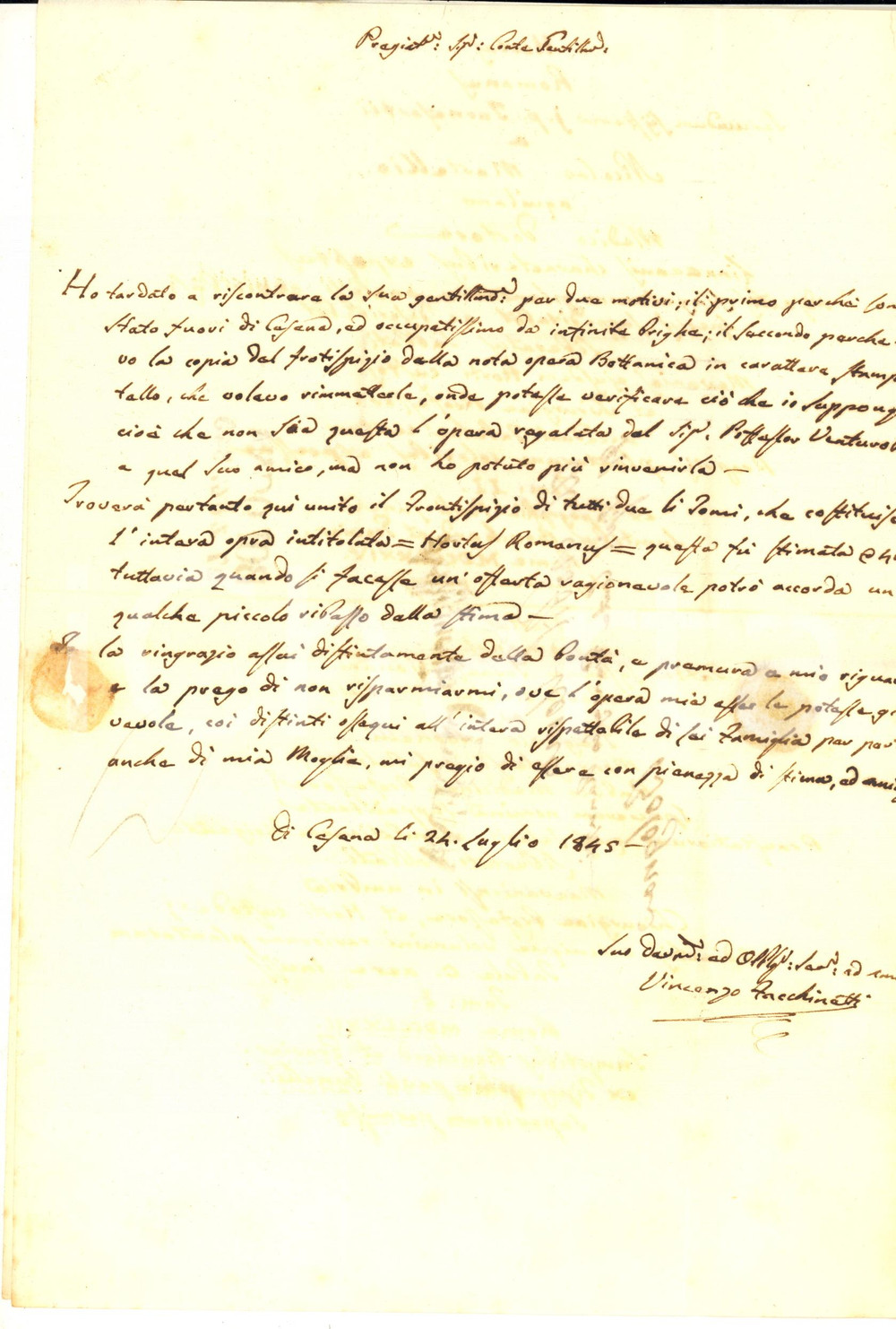 Autografo originale 1845 CESENA Lettera Vincenzo FACCHINETTI per stima opera botanica  AUTOGRAFO 1