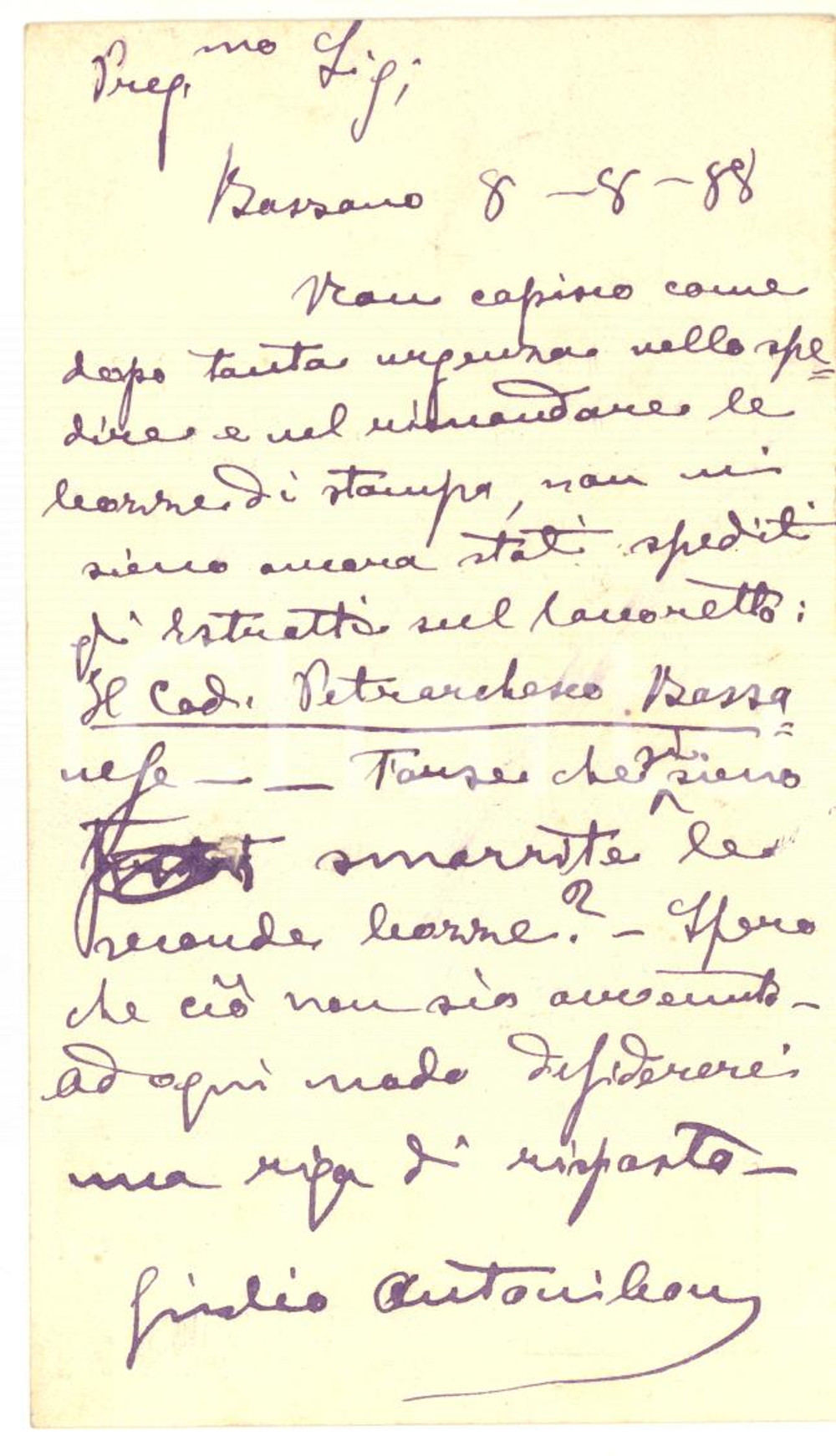 1888 BASSANO DEL GRAPPA Cartolina Giulio ANTONIBON per libro - AUTOGRAFO