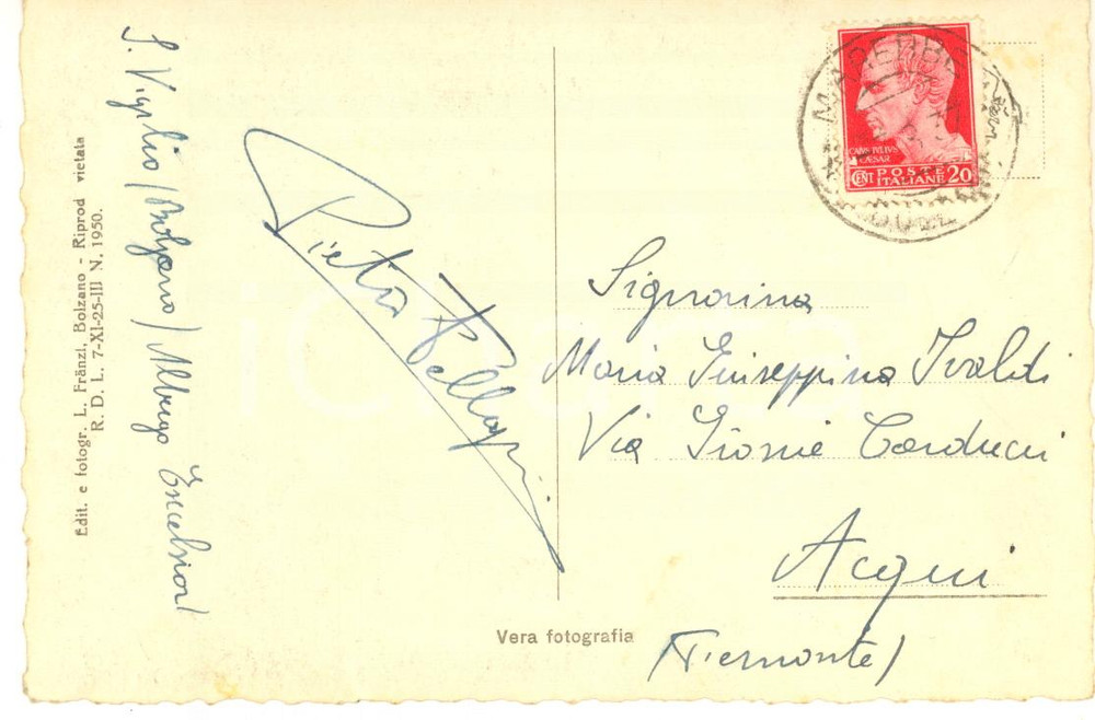 1937 SAN VIGILIO DI MAREBBE - Cartolina Pietro PELLEGRINI - Autografo FP VG