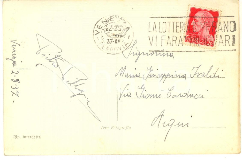 1937 VENEZIA - Cartolina botanico Pietro PELLEGRINI - Autografo FP VG
