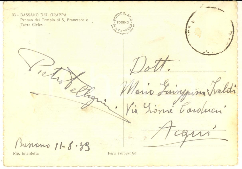 1939 BASSANO DEL GRAPPA Cartolina botanico Pietro PELLEGRINI - Autografo FG VG