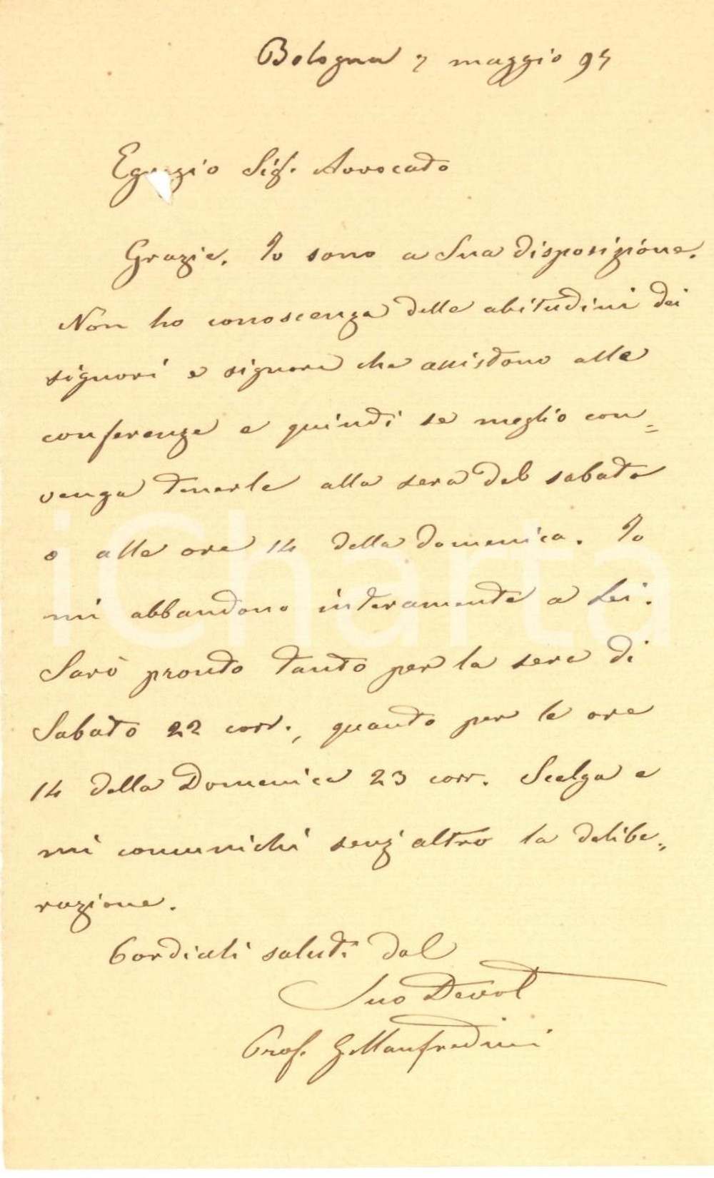 1897 BOLOGNA Lettera prof. Giuseppe MANFREDINI per conferenza - AUTOGRAFO
