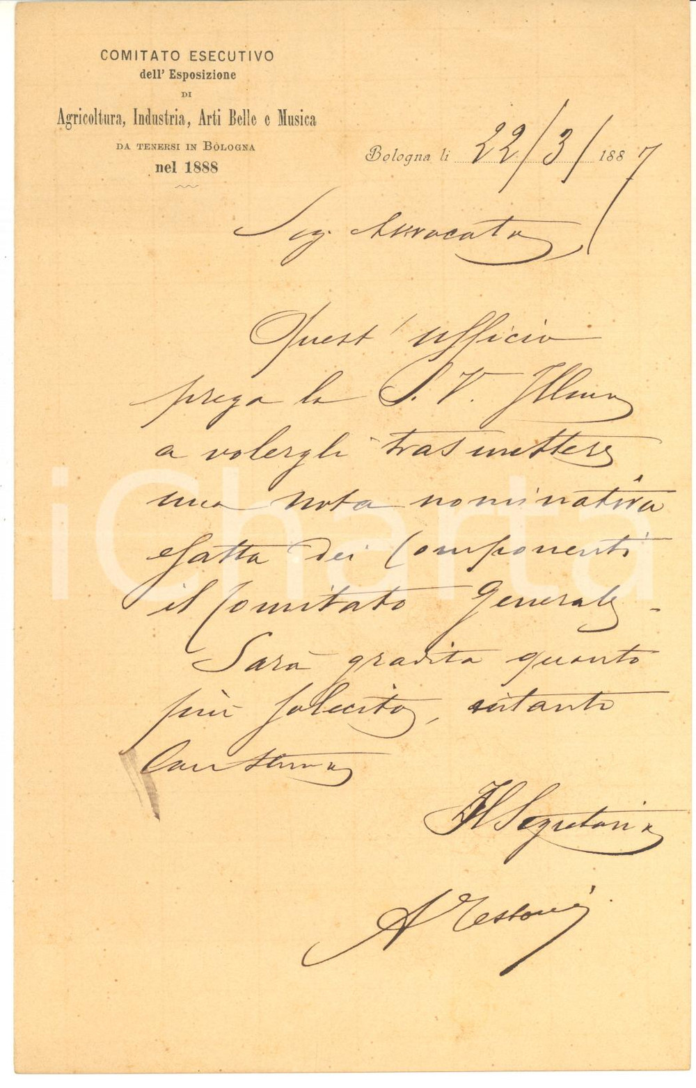 1887 BOLOGNA Lettera Alfredo TESTONI - Comitato Esposizione 1888 - AUTOGRAFO