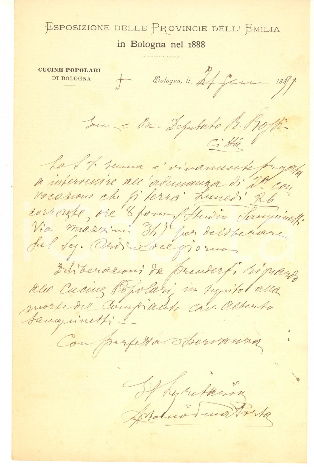 1891 BOLOGNA Lettera Antonio DELLA PORTA per assemblea Cucine Popolari AUTOGRAFO