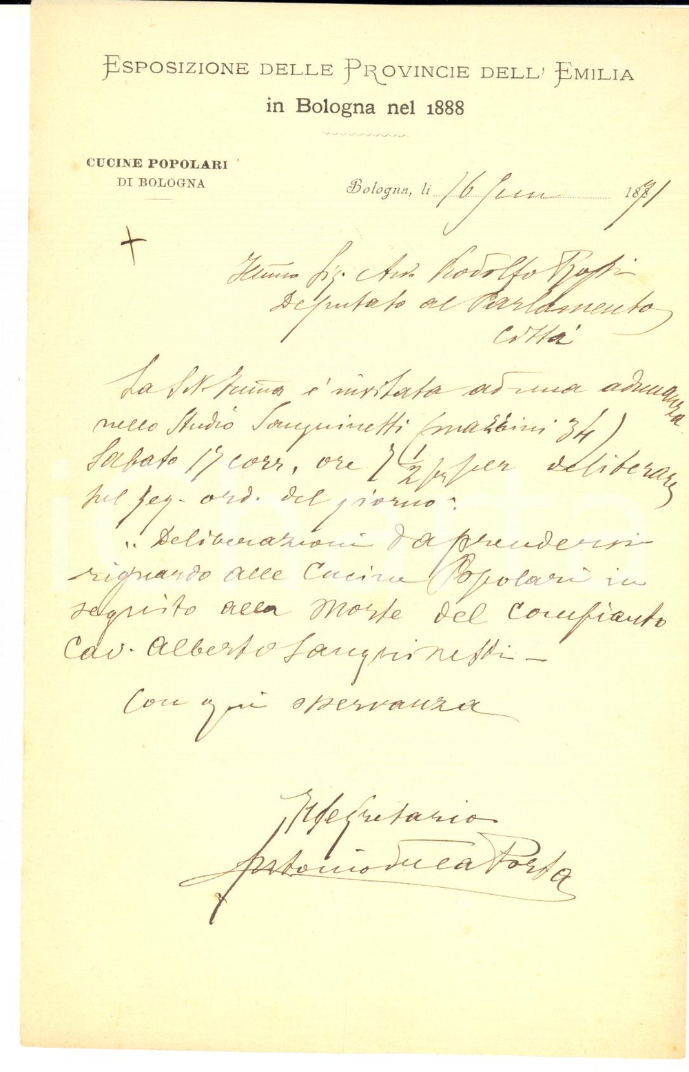 1891 BOLOGNA Lettera Antonio DELLA PORTA per riunione Cucine Popolari AUTOGRAFO