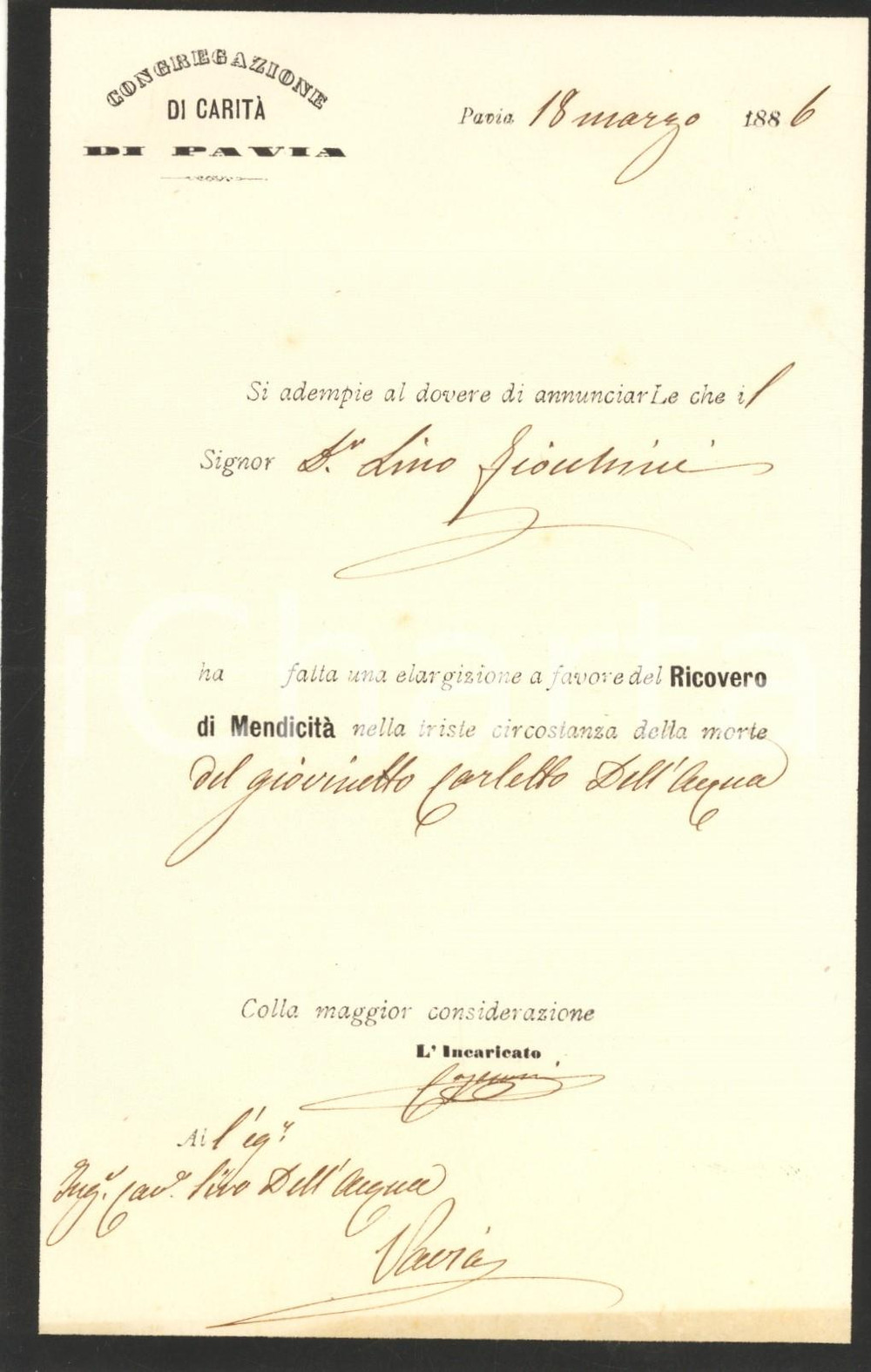 1886 PAVIA Congregazione di Carità - Lettera donazione don Lino Giocchini