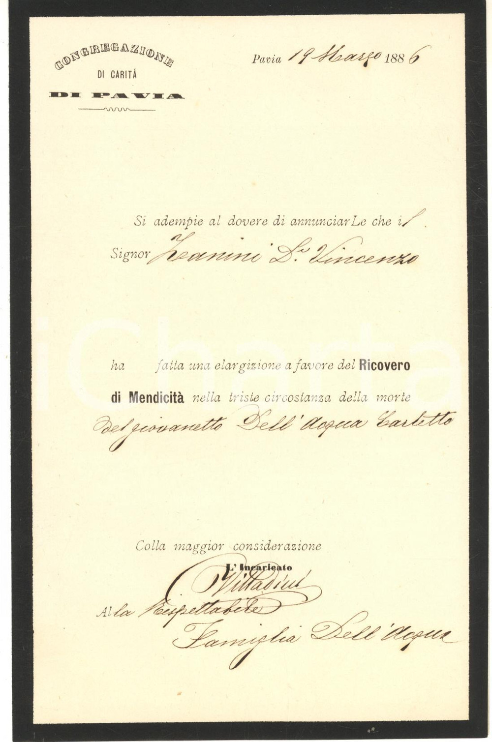 1886 PAVIA Congregazione di Carità - Lettera donazione don Vincenzo ZANINI