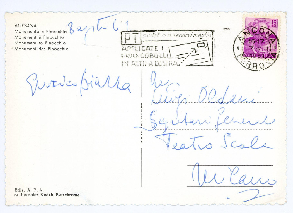 1961 ANCONA Maestro collaboratore Enrico PIAZZA - Cartolina con AUTOGRAFO    Cartolina con messaggio autografo, viaggiata. CONDIZIONI: G FORMATO: FG      originale e autentica 1