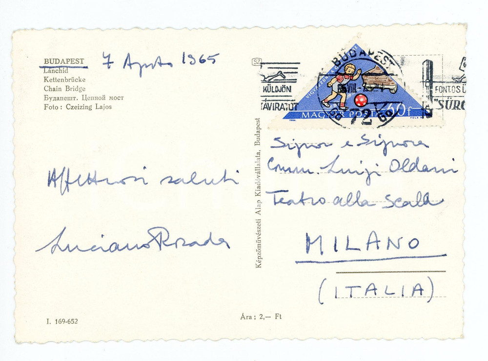 1965 BUDAPEST Direttore Luciano ROSADA a Luigi OLDANI - AUTOGRAFO FG VG
