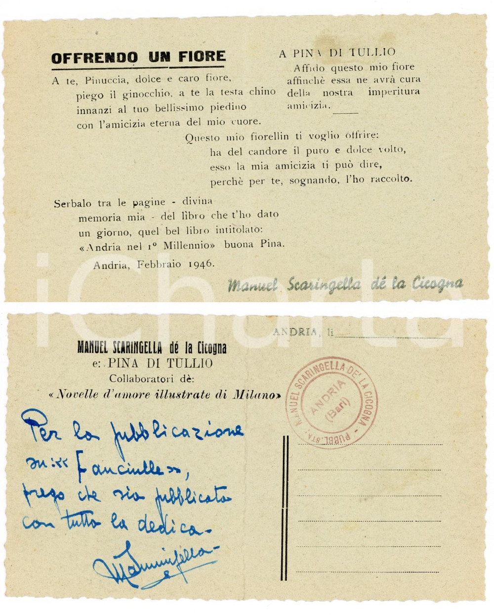 1946 ANDRIA Cartolina Manuel SCARINGELLA DE LA CICOGNA - Autografo FP NV