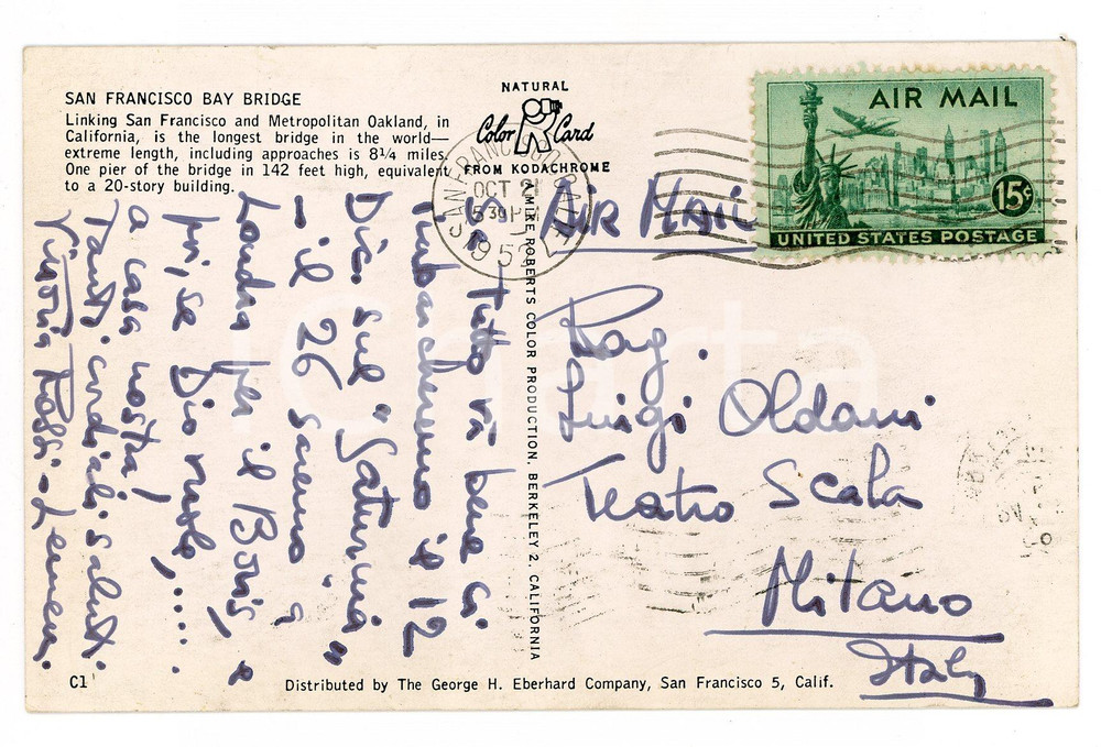 1952 SAN FRANCISCO Cartolina Vittoria ROSSI-LEMENI - AUTOGRAFO FP VG