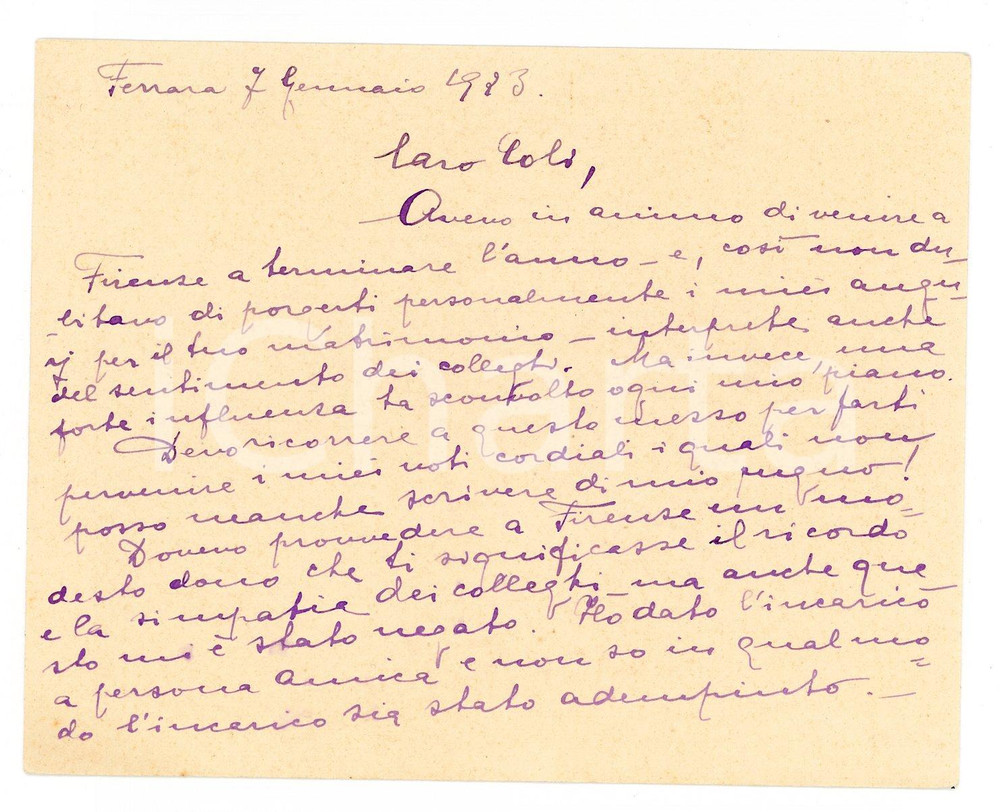 1923 FERRARA Biglietto prof. Marcello FINZI per auguri a un collega - Autografo
