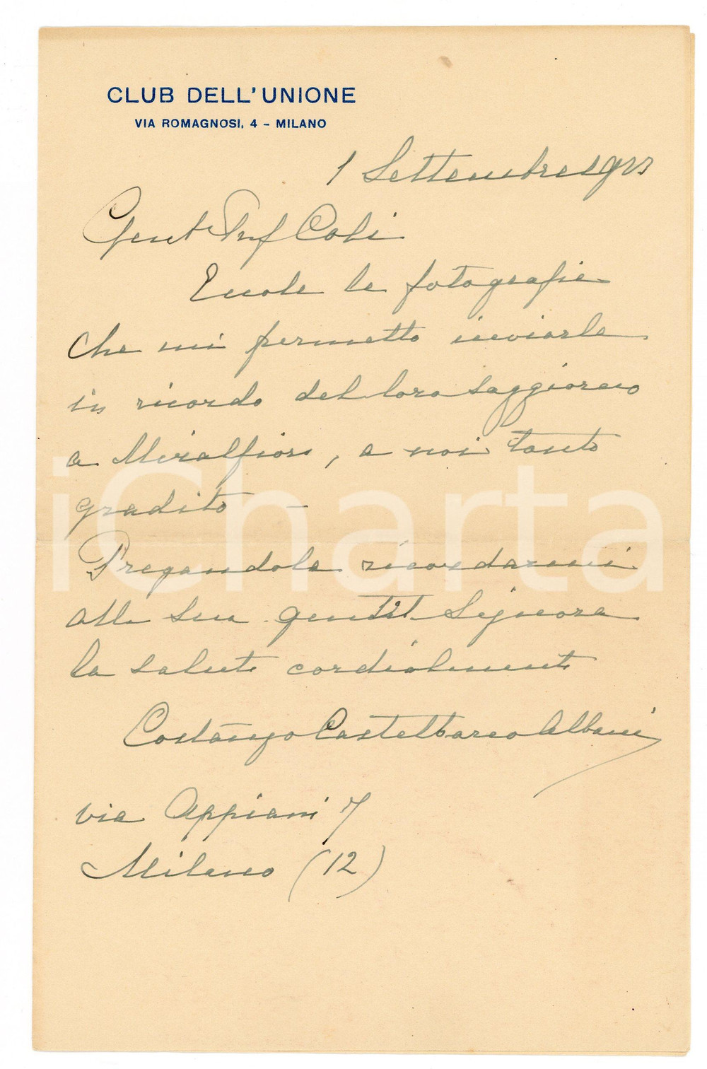 1923 MILANO CLUB DELL'UNIONE Lettera Costanzo CASTELBARCO ALBANI - Autografo