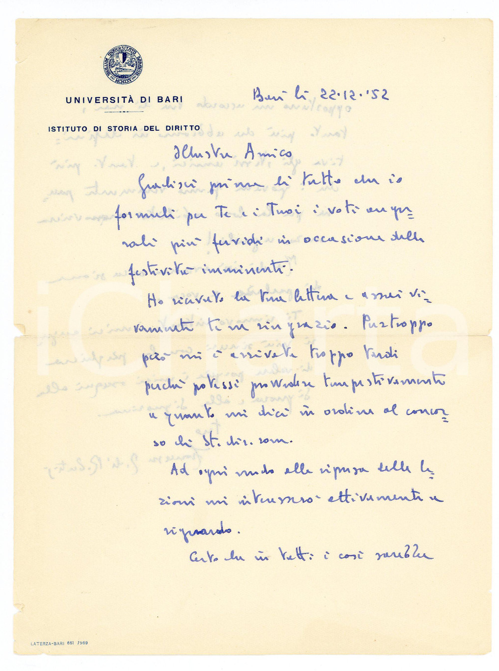 1952 Università di BARI Lettera prof. Francesco Maria DE ROBERTIS - Autografo