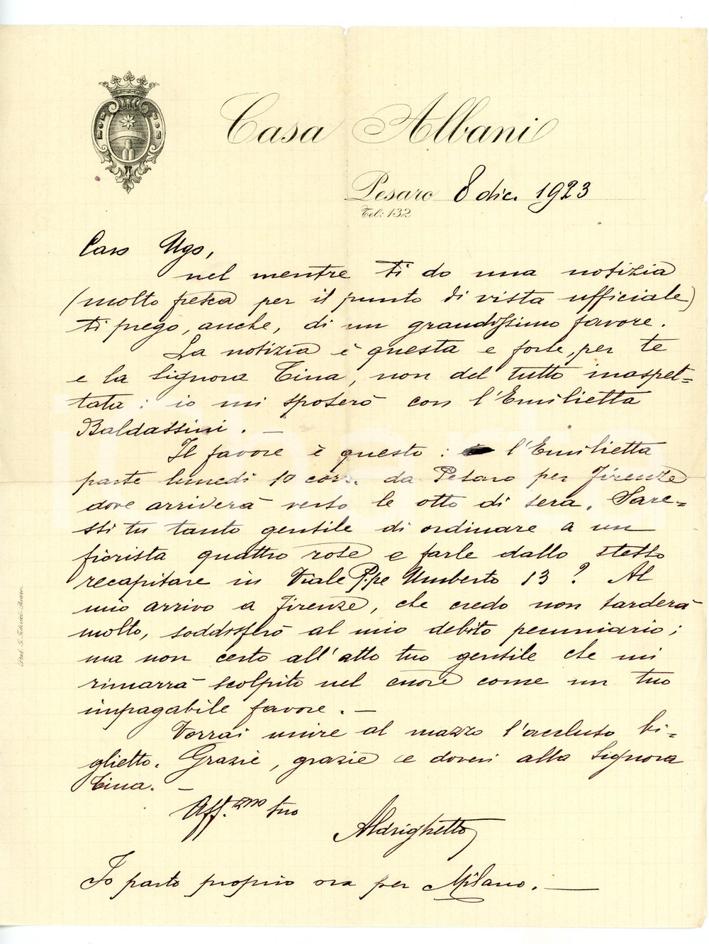 1923 PESARO Lettera conte Aldrighetto CASTELBARCO ALBANI per fiori - Autografo