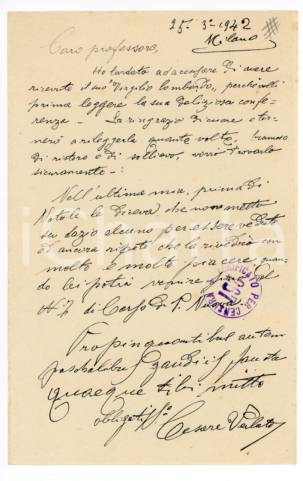 1942 MILANO Lettera Cesare VERLATO per pubblicazione ricevuta - Autografo