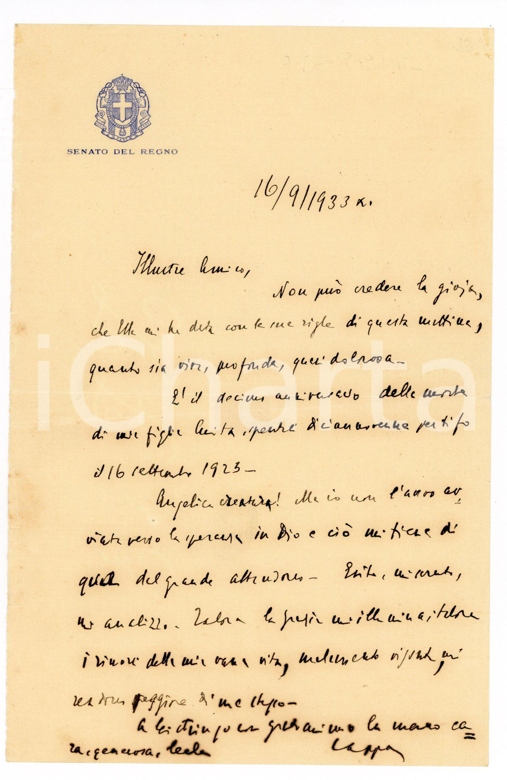 1933 ROMA Innocenzo CAPPA nell'anniversario della morte della figlia - AUTOGRAFO