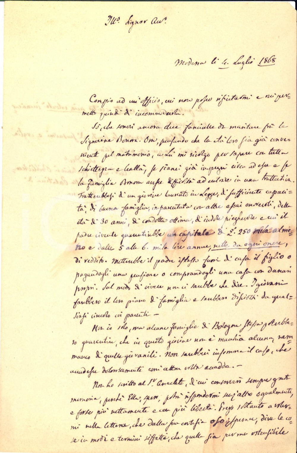1868 MODENA Biblioteca Palatina - Luigi CARBONIERI intermediario per matrimonio