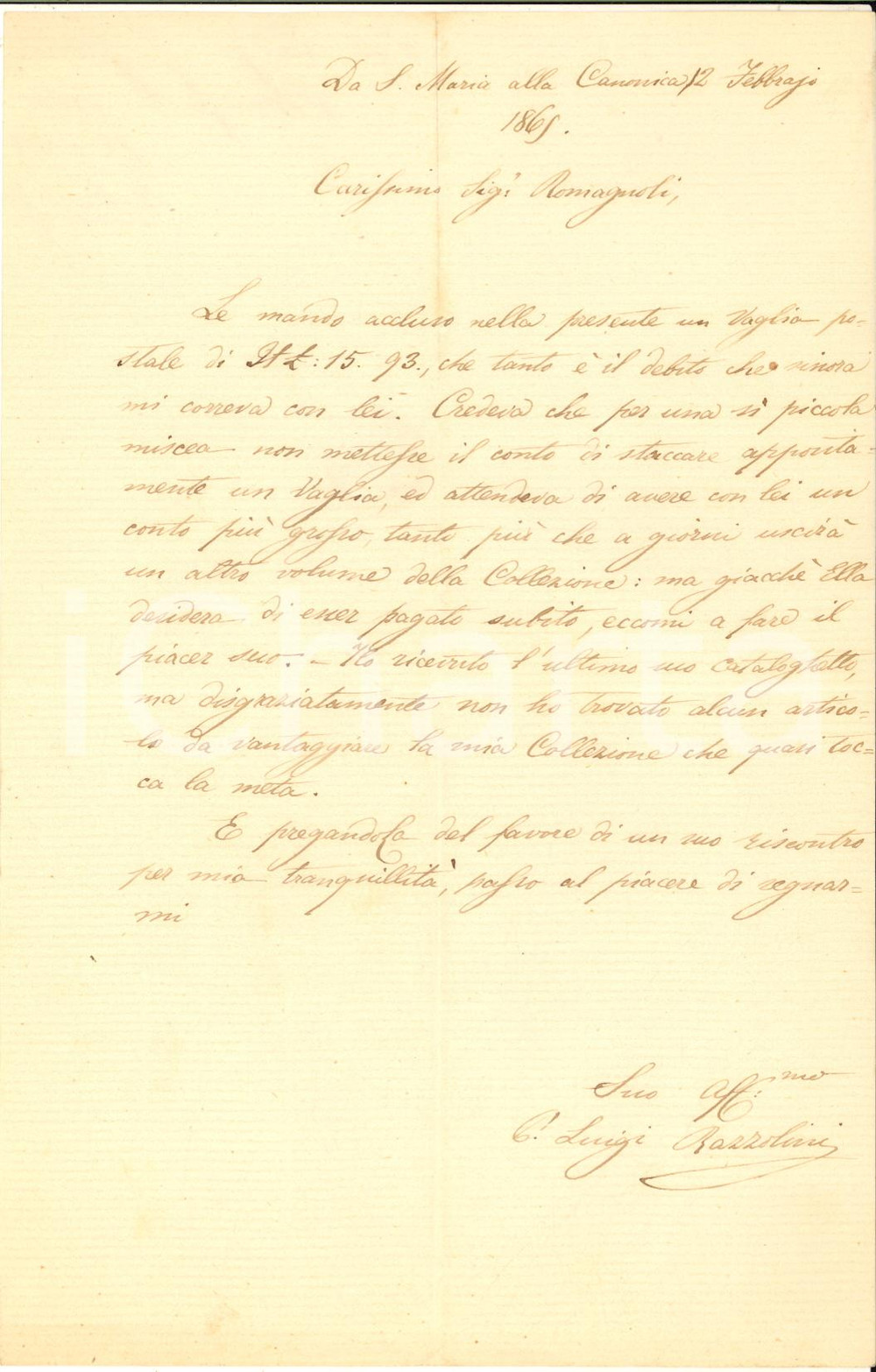 1865 GREVE IN CHIANTI - S. Maria alla Canonica - Luigi RAZZOLINI salda libri